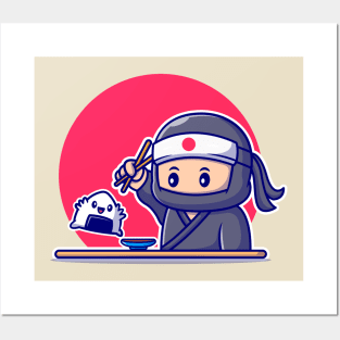 Cute Ninja Eating Onigiri With Chopstick Posters and Art